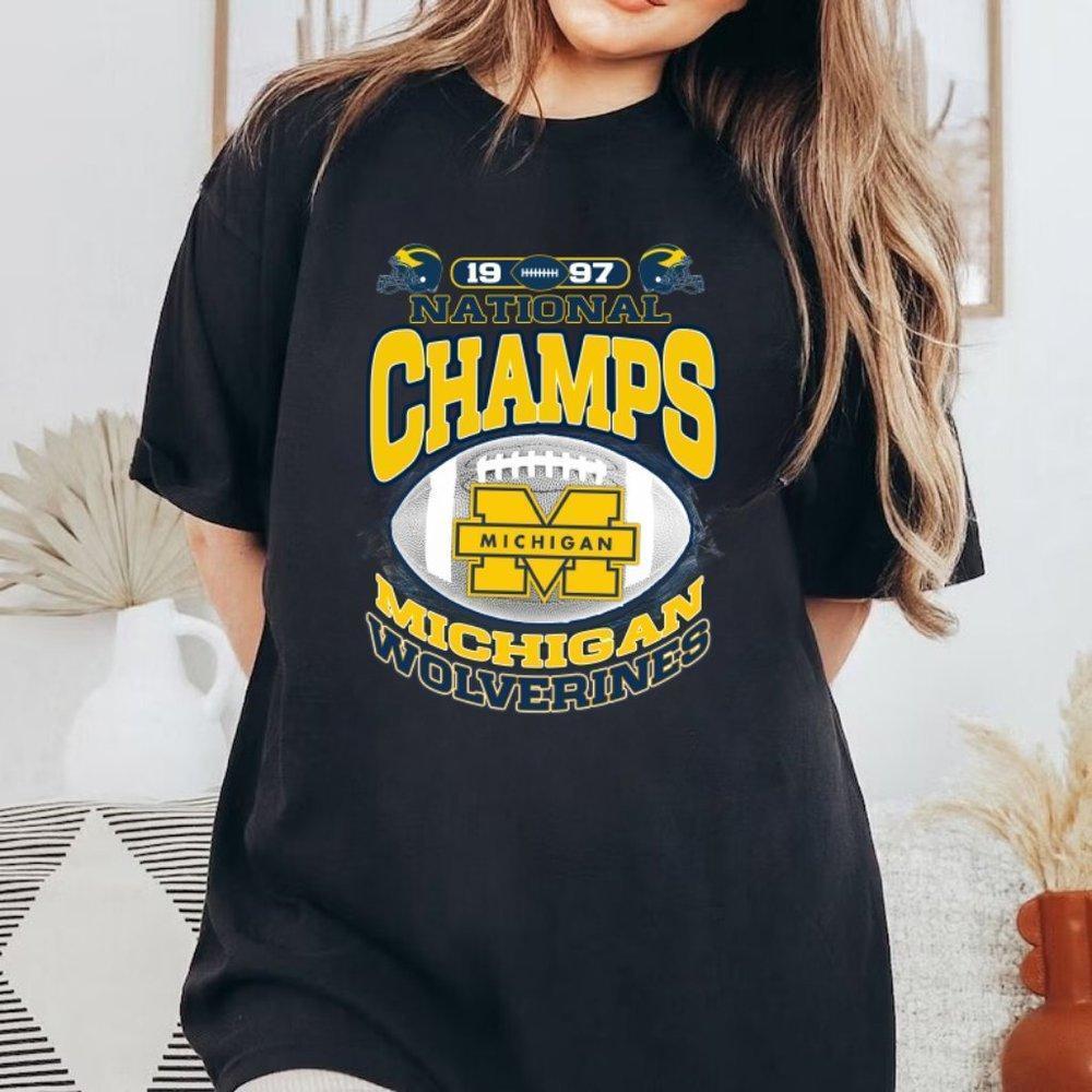 Michigan Wolverines 1997 National Champs Black Shirt, Crewneck Cotton Tee